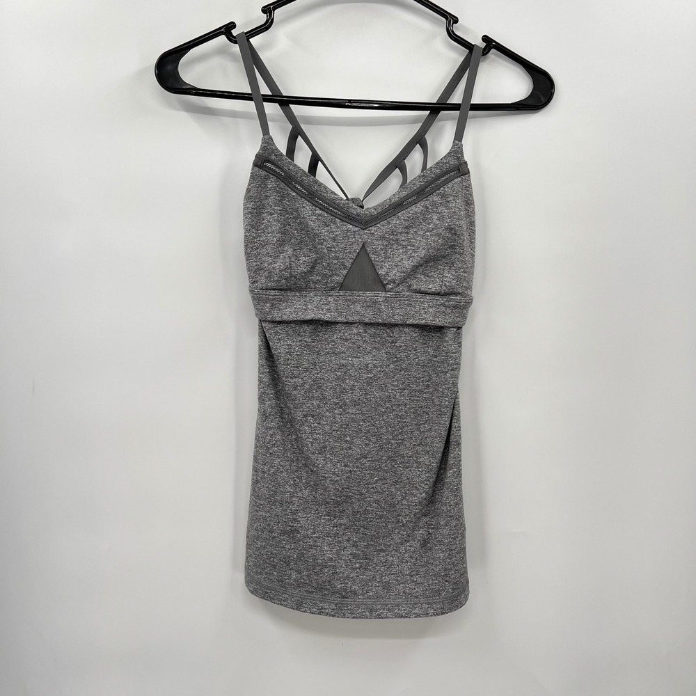 Lululemon Size 4 Wild Tank Top Womens Grey Strappy Back Shelf Bra Mesh Cutout